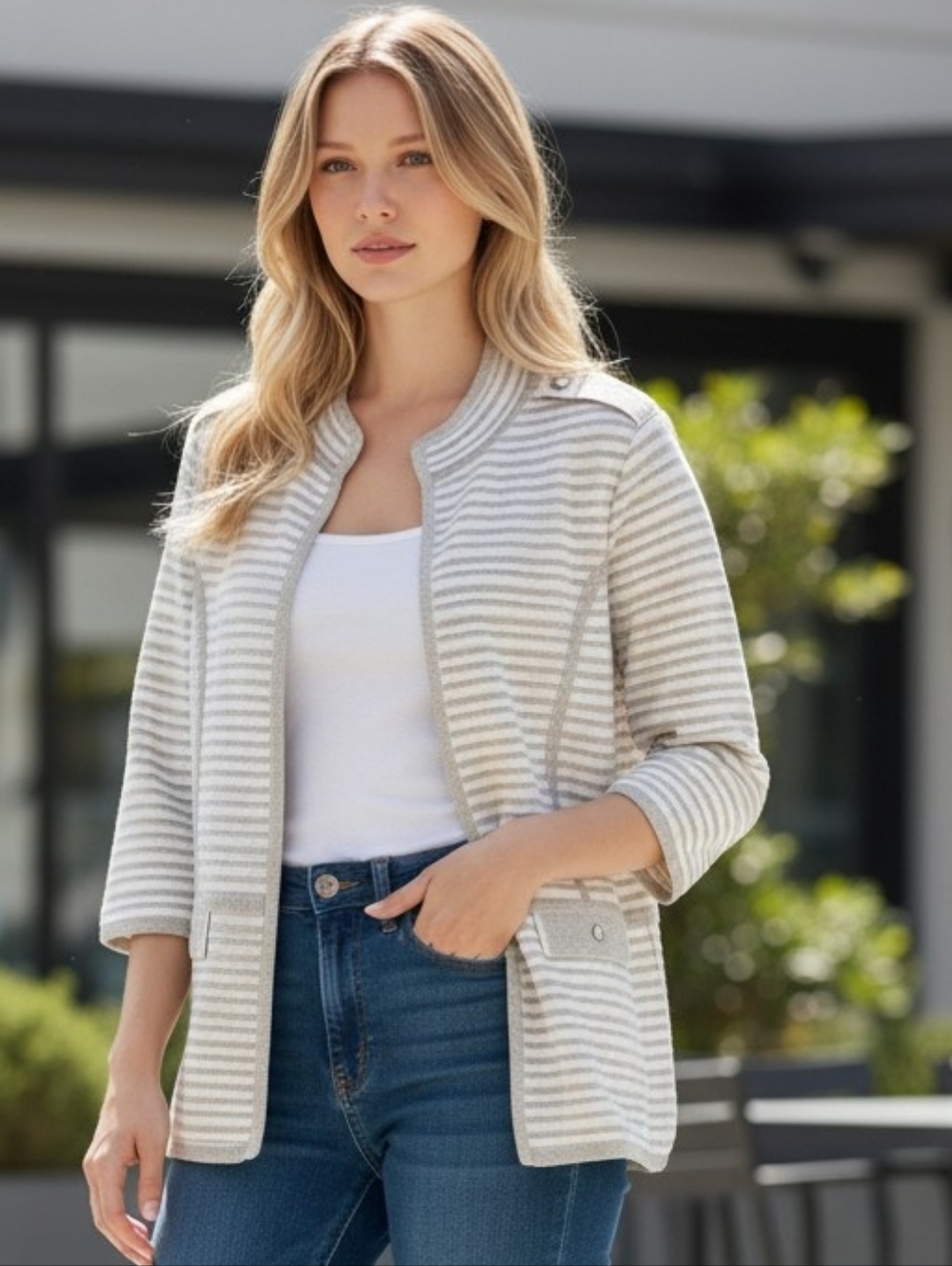 White House Black Market Ivory & Taupe Striped Open-Front Blazer With Lurex.